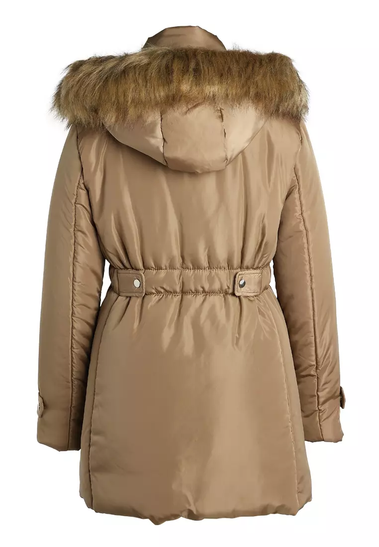 Faux Fur Collar Long Puffer Jacket in Beige