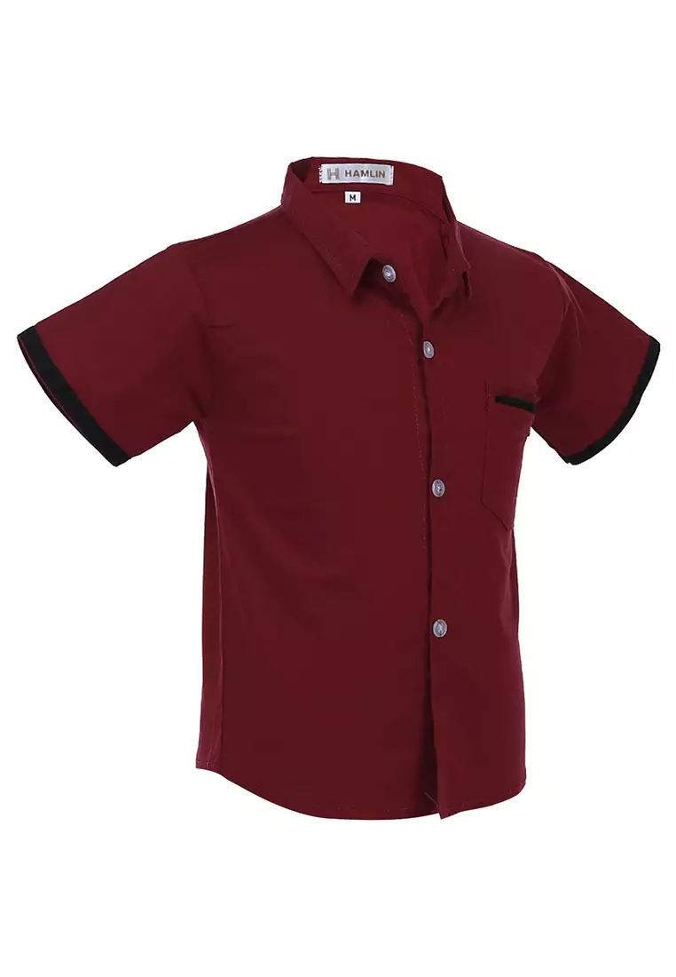Juste Kemeja Formal Anak Laki-laki Motif Polos Kids Shirt Short Sleeve Material Cotton ORIGINAL - Maroon