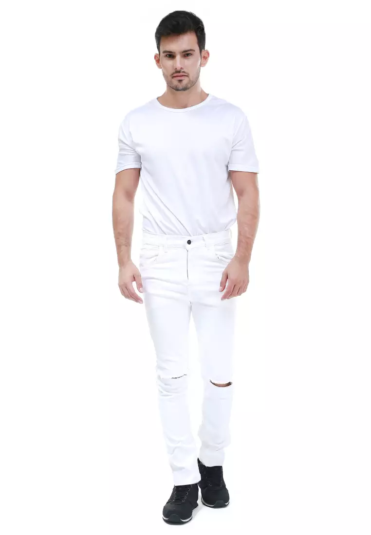 Locko Celana Panjang Pria Ripped Skinny Long Pants Casual Material Jeans ORIGINAL - White