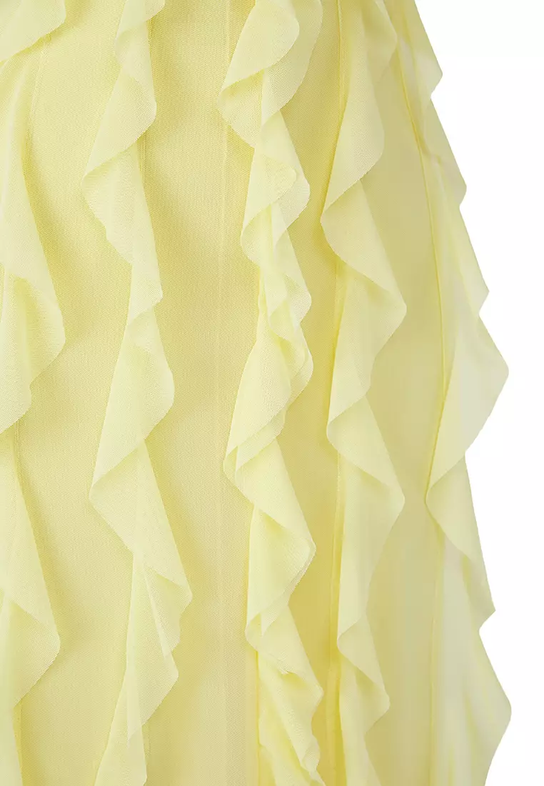 Limited Edition Light Yellow Ruffled Lined Tulle Evening Prom Dress TPRSS25AE00063