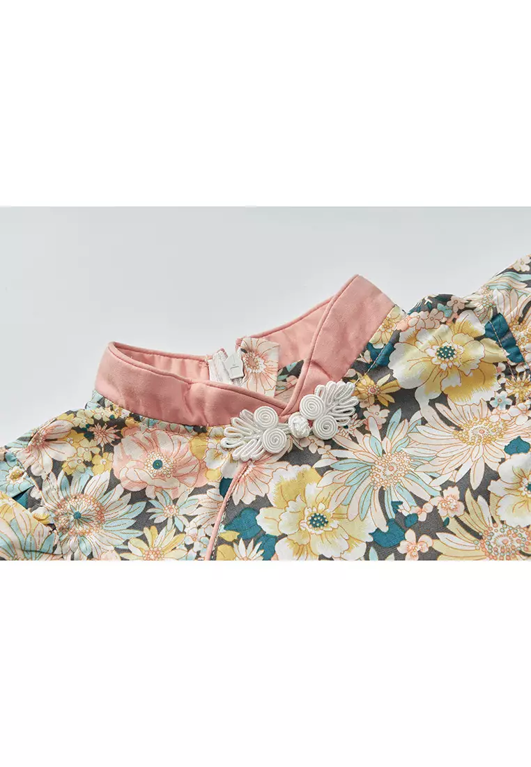 女童印花漢服唐裝褶邊袖裙新年拜年衣服