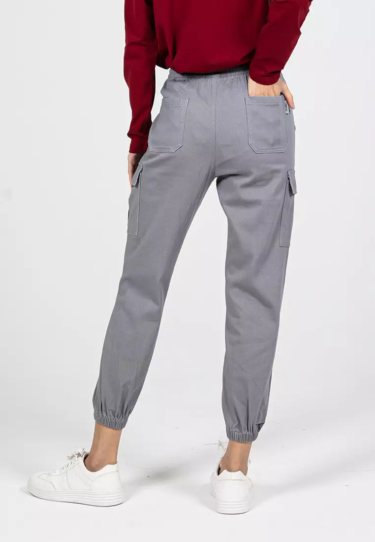 Forest Ladies Cotton Twill Elastic Waist Cargo Pants Women Jogger Long Pants - 810442-05LtGrey