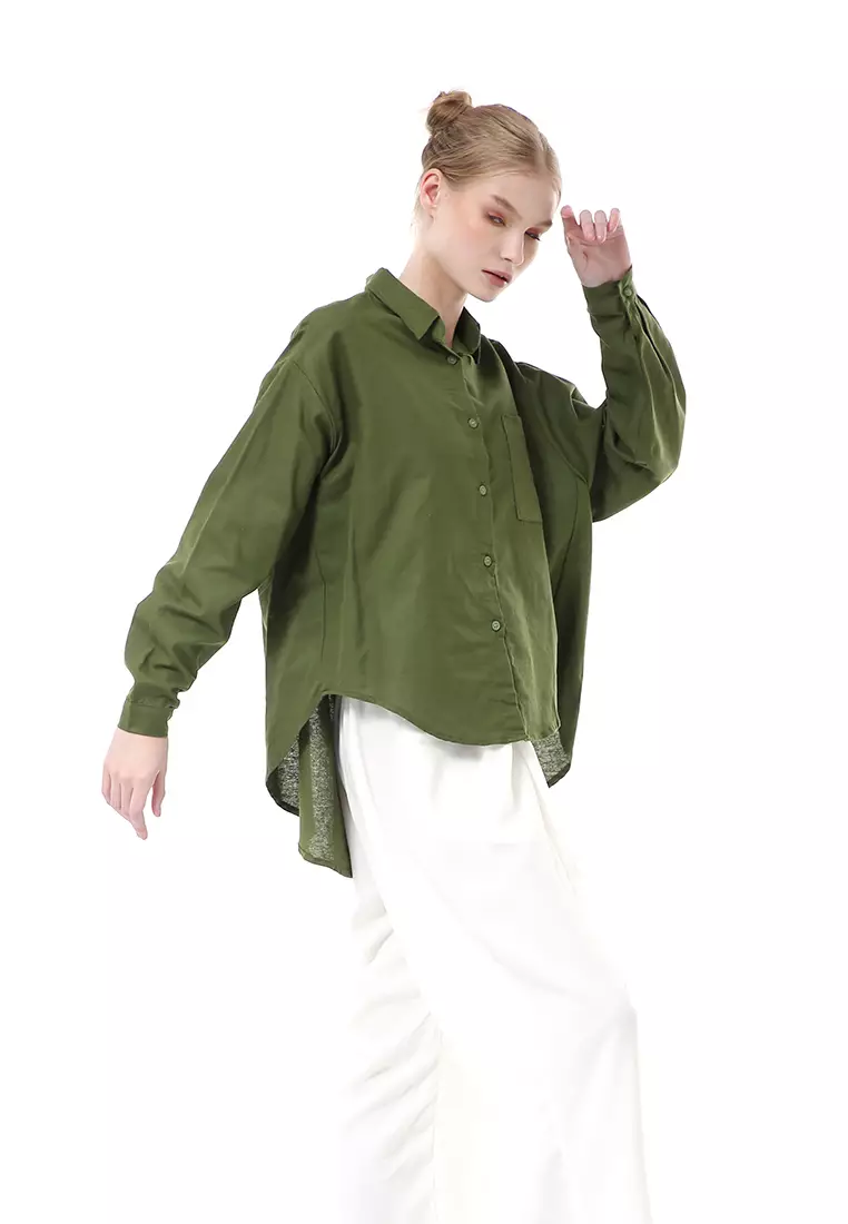 Nandira Kemeja Atasan Wanita Oversize Motif Polos Long Sleeve - Olive