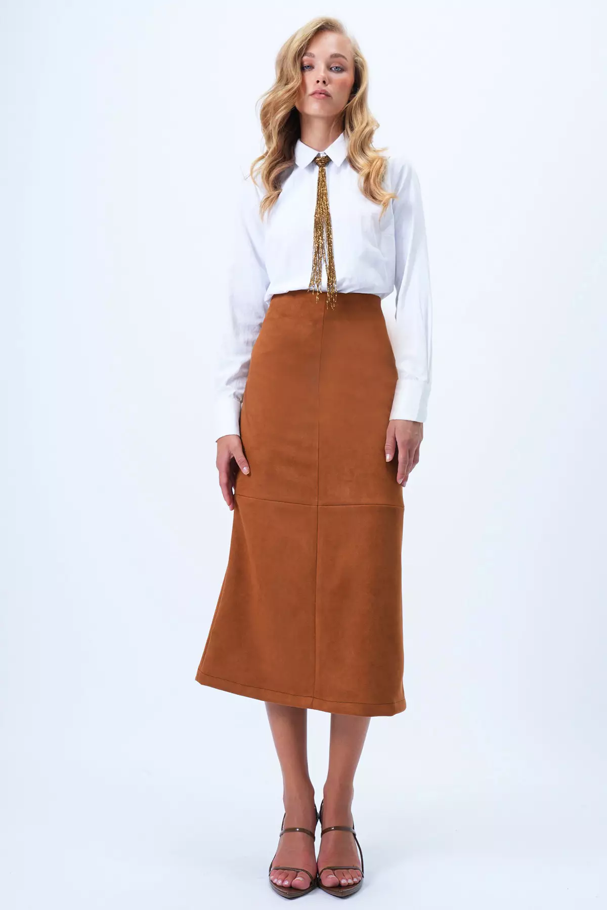 Women's Tan Hidden Zippered Stitch Detailed Faux Suede Maxi Skirt Alc-X14407