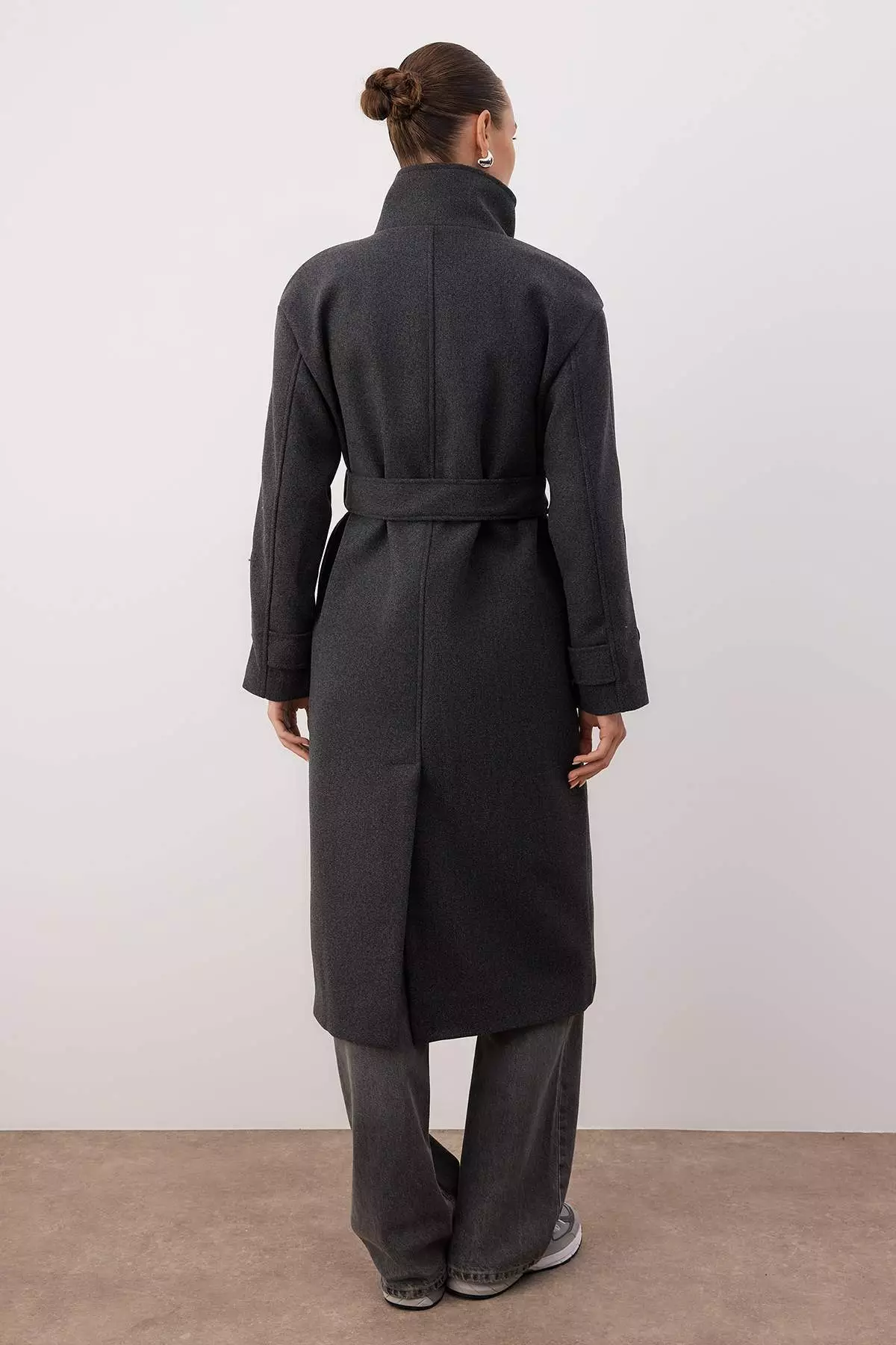 Anthracite Stand Collar Mono Closure Oversize Long Cashmere Coat Twoaw26Kb67