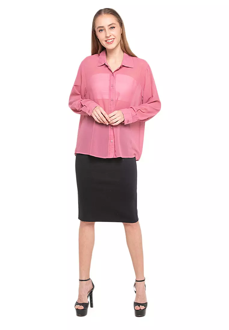 Calder Kemeja Atasan Transparan Front Button Opening Design Simple Plain Shirt Wanita - Pink