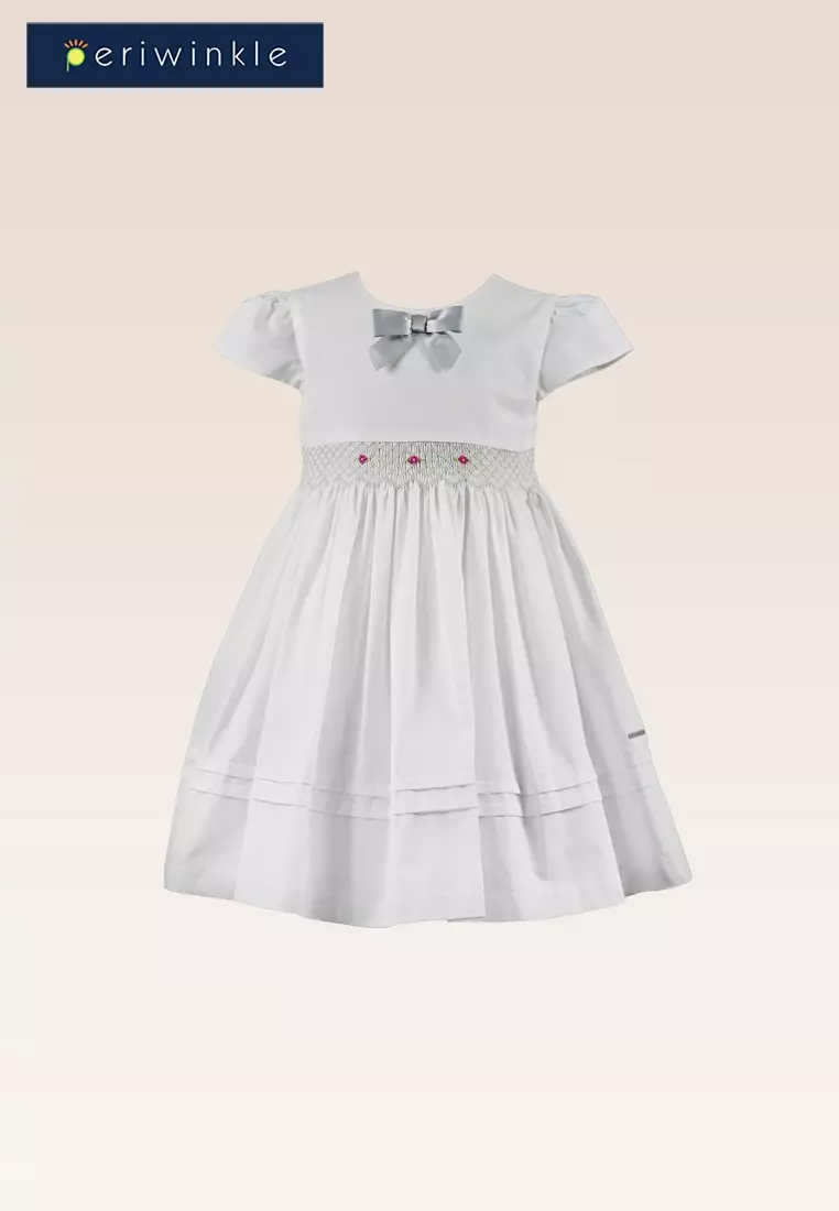 Marnie Girls White Smocked Waist and Ribbon Decorative Trim Dress