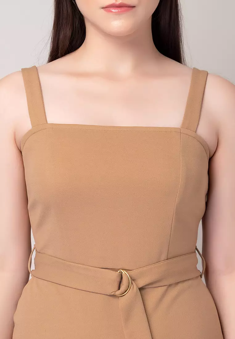 Beige Sleeveless Bodycon Dress With Belt