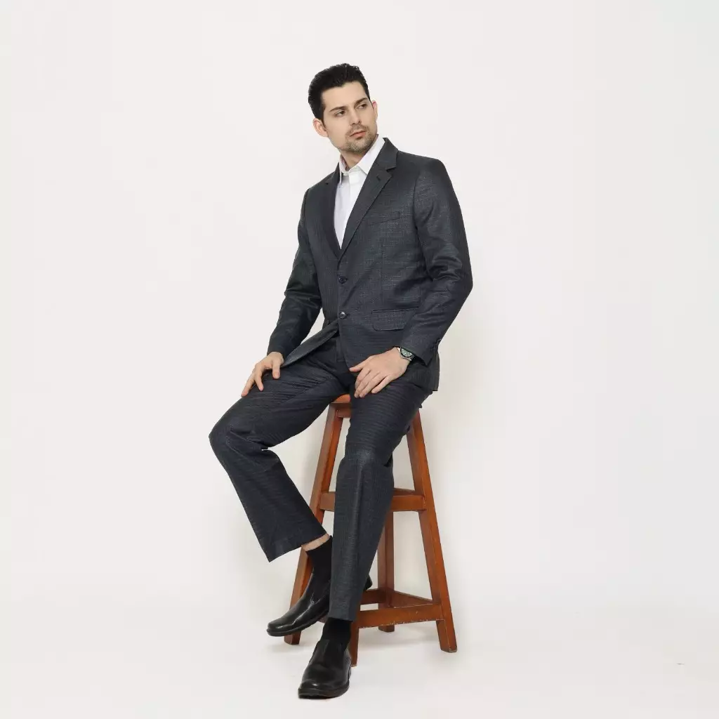 LAWELL BRAVO-ST-S2 Jas Formal Pria Navy Check Kecil Regular Fit Kancing 2