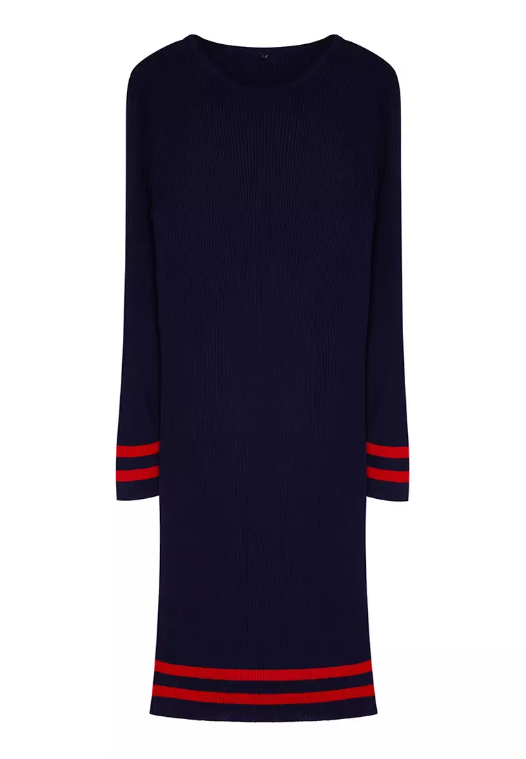 Navy Blue Stripe Detail Ribbed Knit Dress Tbbaw24Ah00019