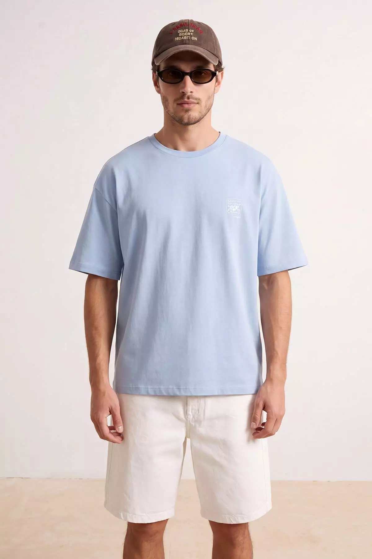 Light Blue Oversize/Wide Cut Embroidered 100% Cotton T-Shirt Tmnss26Ts00024