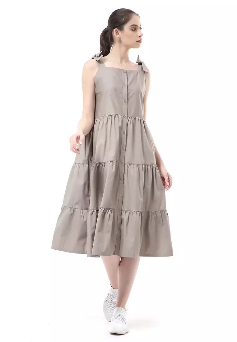 Rachel Dress Ruffle Wanita Tanpa Lengan Full Kancing Stylish Material Cotton ORIGINAL - Brown
