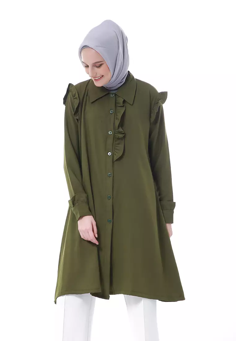 Zemira Tunik Atasan Wanita Motif Polos Long Sleeve - Army