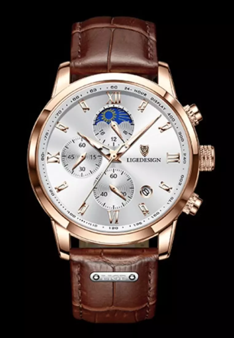 Chronograph, Unisex, IP Rose Gold Stainless Steel Quartz Watch 43mm, white dial, on Brown Leather Strap