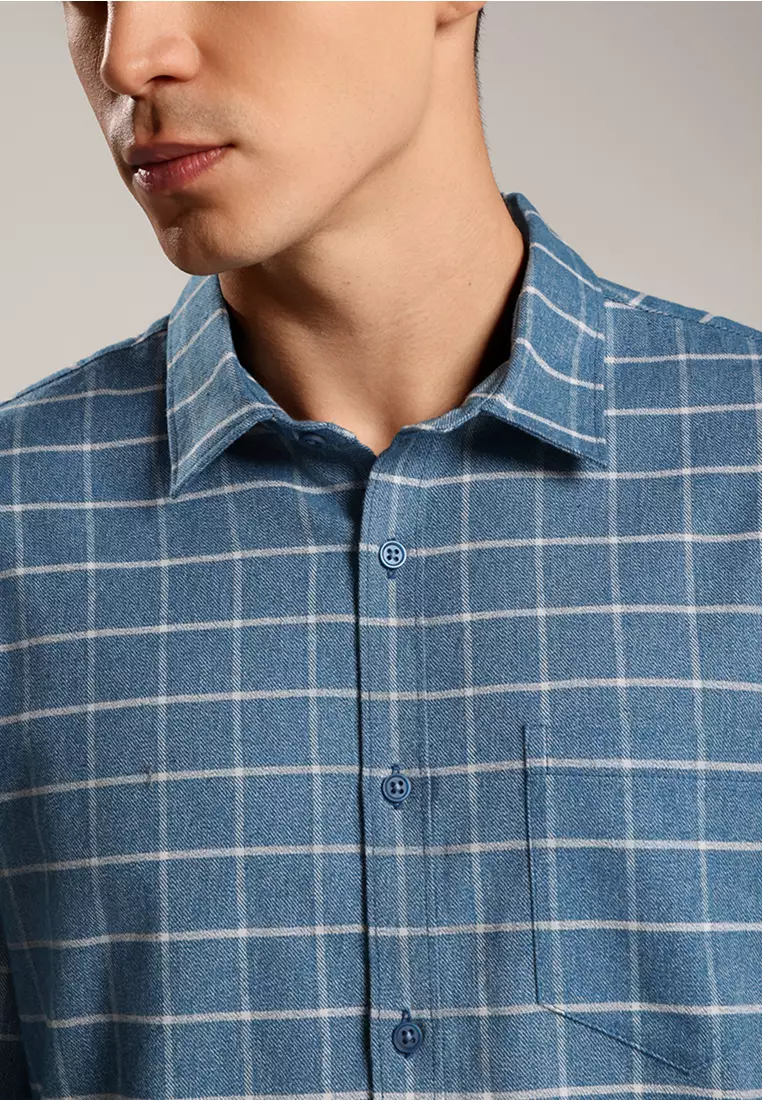 MOC - Kemeja Kotak-kotak Pria Lengan Panjang Spencer - Blue