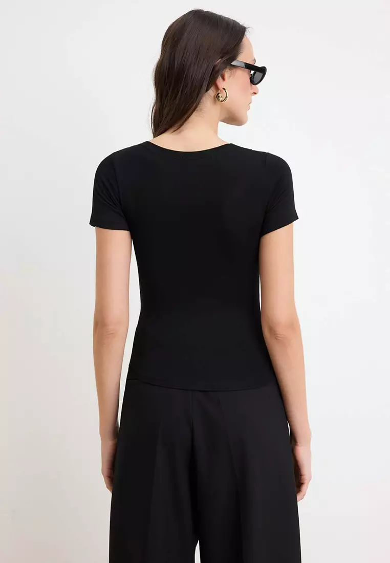 Black Regular/Normal Fit V-Neck Short Sleeve Lace Detailed Soft Knitted Blouse Twoss26Bz757