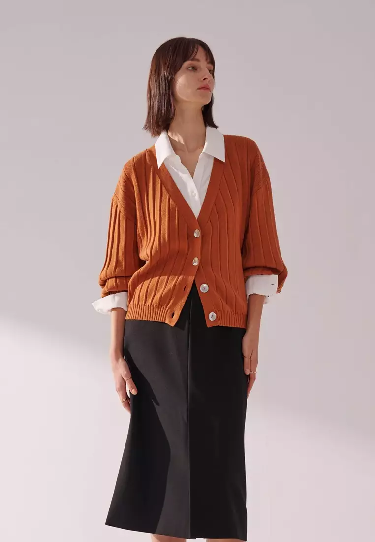 褐橘開襟針織外套