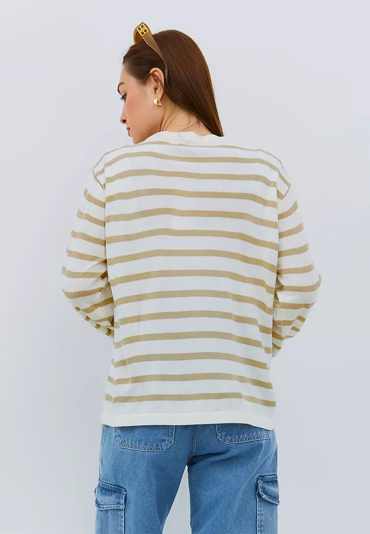 [NEW] Osella Stripe Knit Cardigan In Beige And White 2161400191 | Kardigan Wanita Lengan Panjang