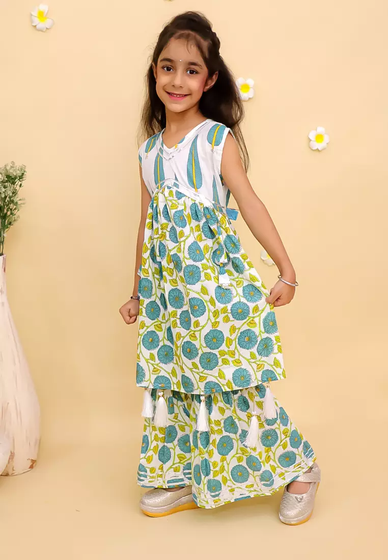 The Mom Store Emeraluxe Girls Anarkali Kurta Sharara Set - Multi