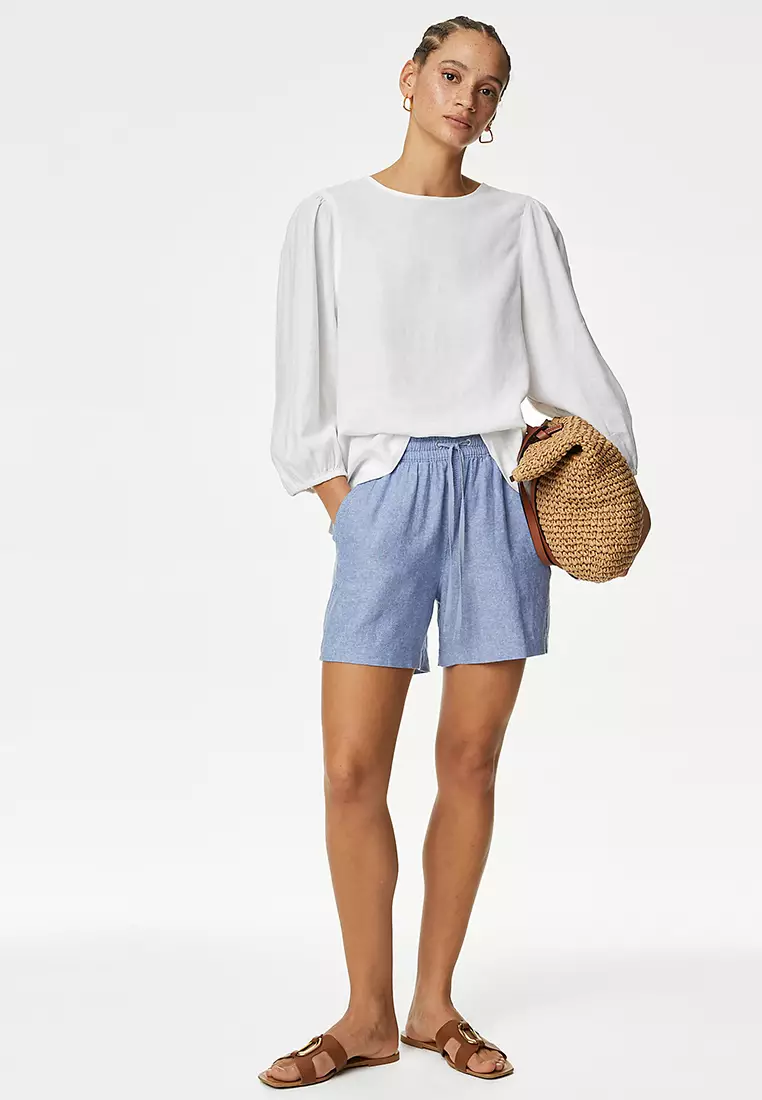 Linen Blend Round Neck Button Detail Blouse