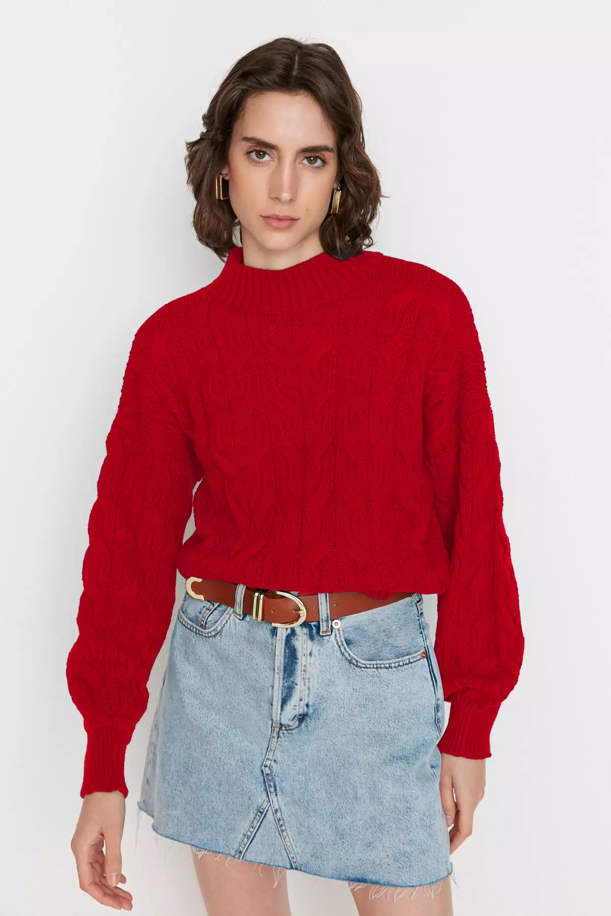 Red Crop Stand Collar Knitwear Sweater
