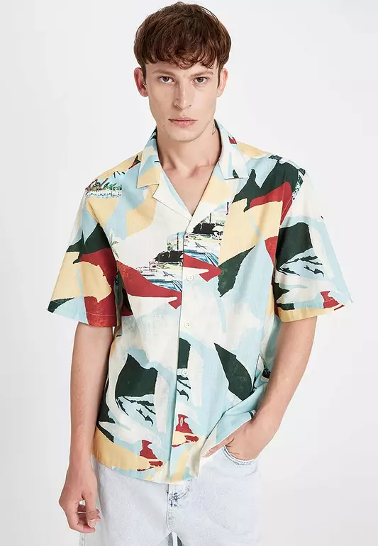 Relax Fit Crochet Collar Printed Cotton Short Sleeve Shirt