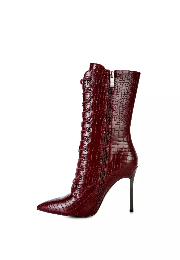 Croc Textured Over The Ankle Boots in Burgundy