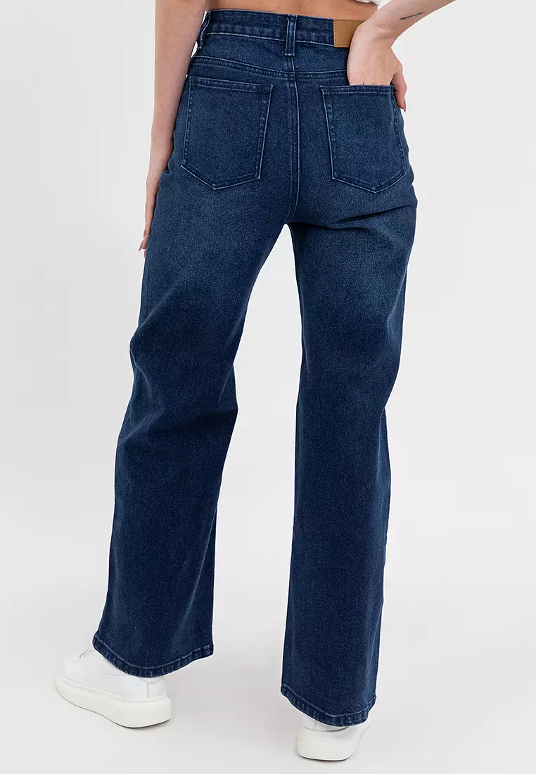 Ladies Wide Leg Denim Jeans Dark Blue