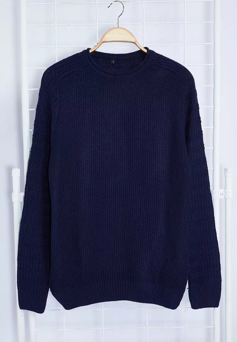 Navy Blue Slim Fit Crew Neck Textured Knitwear Sweater TMNAW22KZ0380