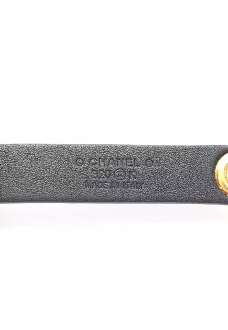 CHANEL Coco Mark Leather Belt with GP Crystal and Faux Pearl, Women\'s, Black Gol Chanel Black Leather Faux Pearl Embellished CC Buckle Belt  main image 2