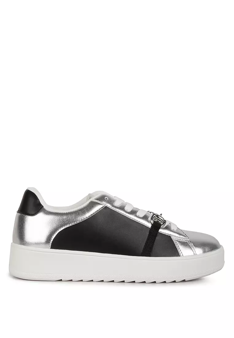 Discount on London Rag  shoes - SKU: Metallic Faux Leather Sneakers In Black Silver