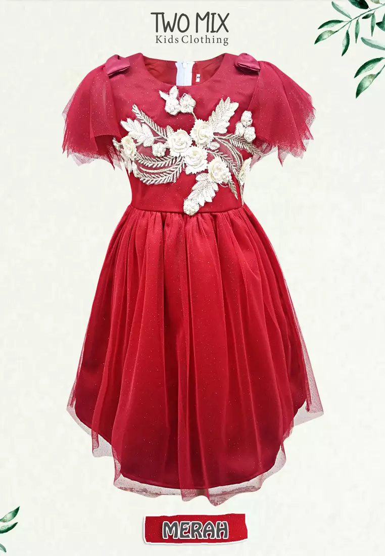 Two Mix - Baju Dress Anak Perempuan Lebaran 2024 1-12 Tahun Y890 Merah
