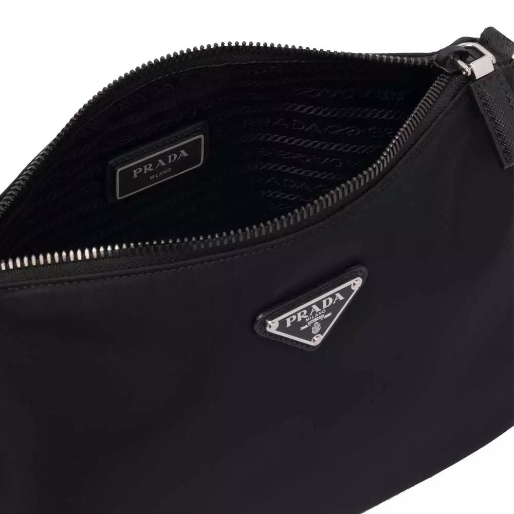 Triangular Logo Nylon and Saffiano Leather Shoulder Bag Black