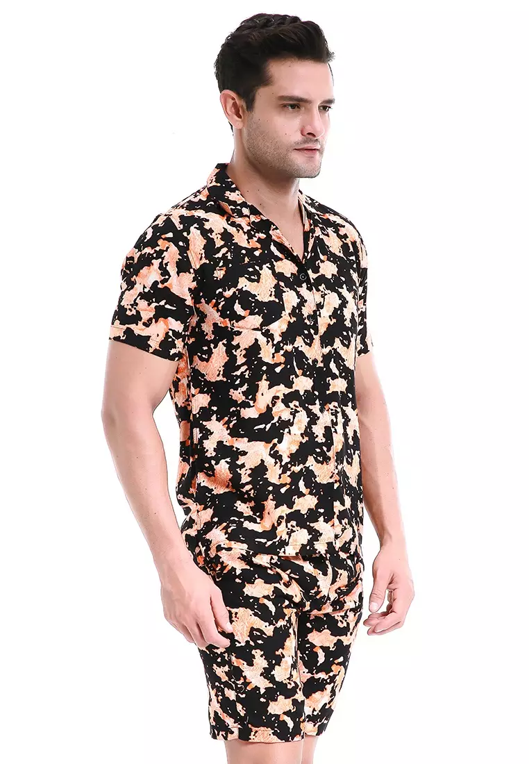 Deon Piyama Pria Kemeja One Set Lengan Pendek Motif Abstrak Material Rayon ORIGINAL - Black Orange