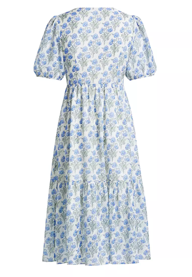 Summer Puff Sleeve V-Neck A-Line Floral Dress