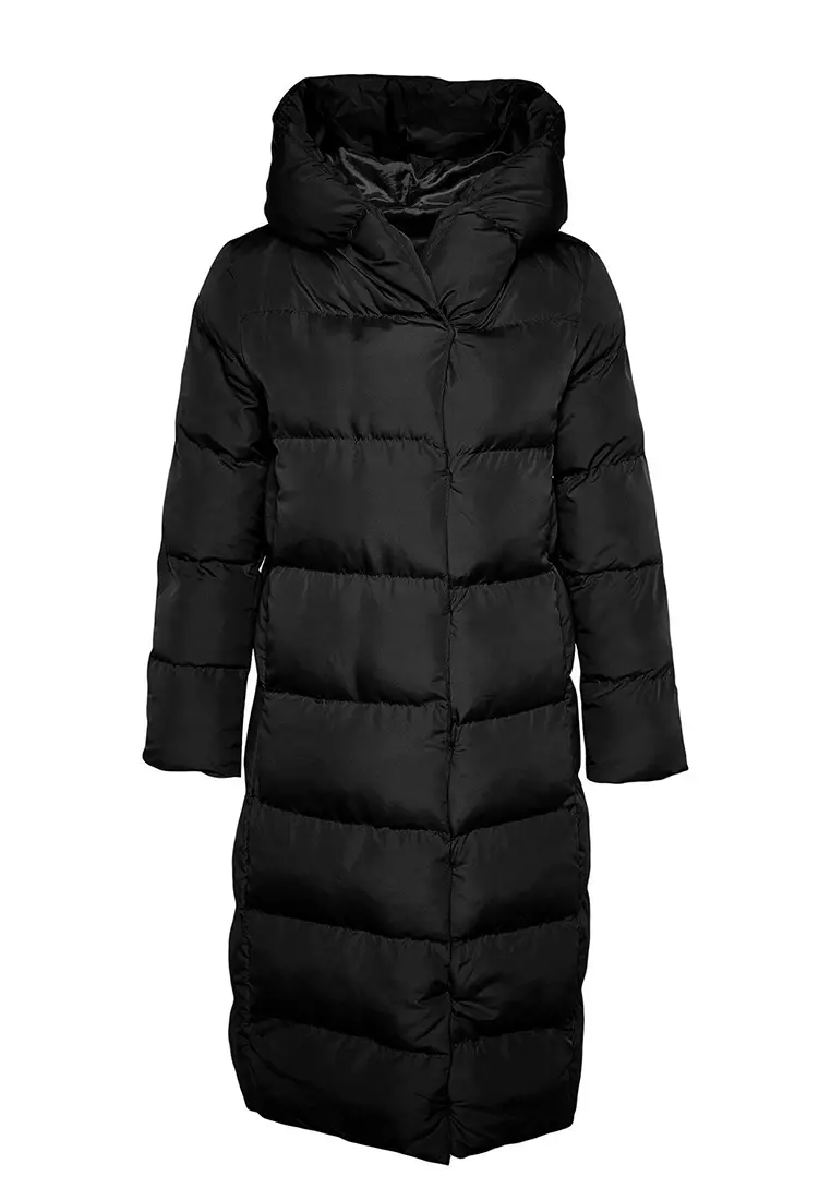 Black Regular Fit Side Snap Closure Water Repellent Long Inflatable Coat Twoaw24Mo00044