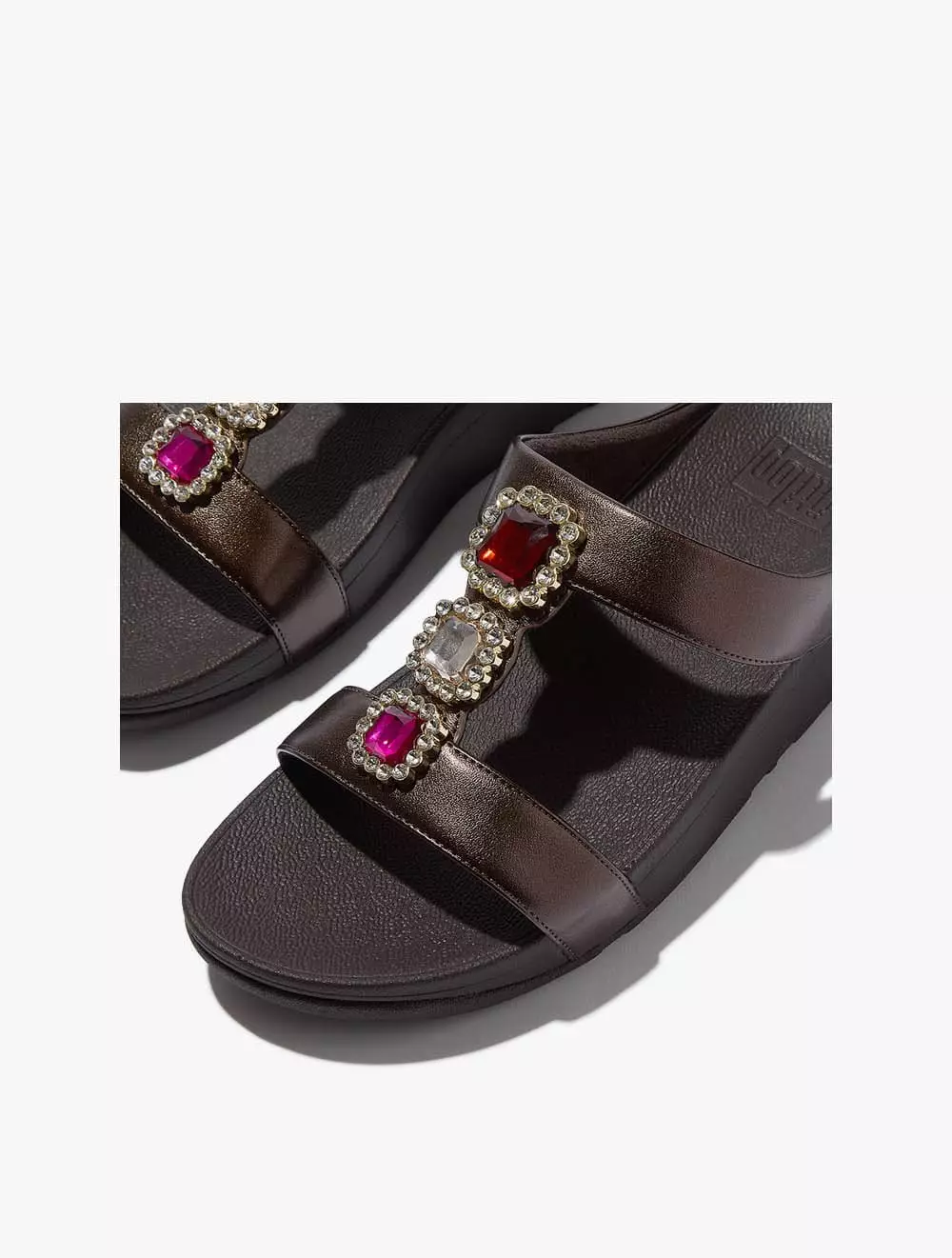Fitflop Fino Crystal-Jewel H-Bar Slides - Metallic Chocolate Brown