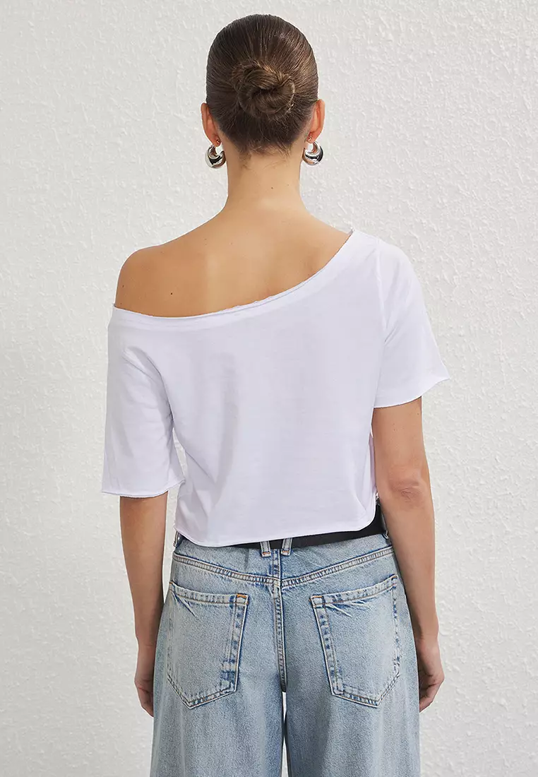 Black-White 2-Pack 100% Cotton Asymmetrical Boat Neck Crop Knit T-Shirt TWOSS25TS00194