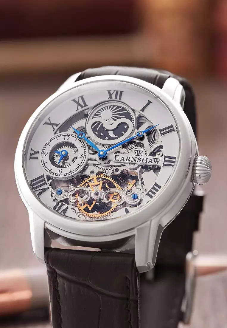 Thomas earnshaw black 2024 leather skeleton analogue watch