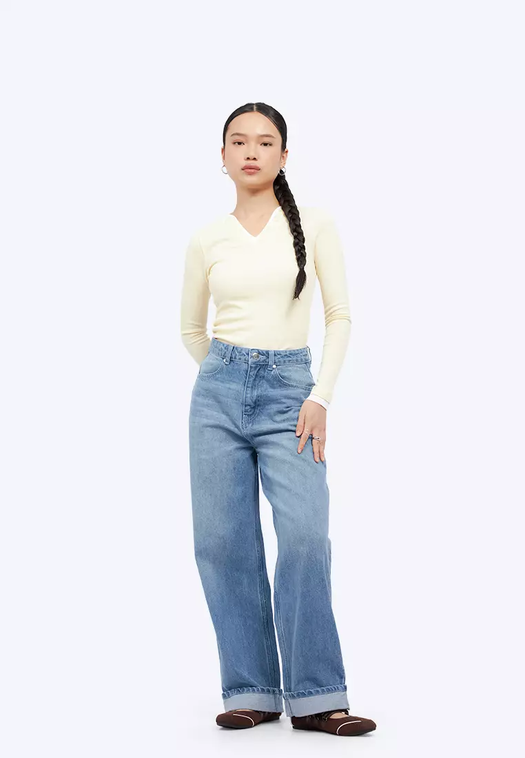 Turn Up Hem Straight Denim Pants