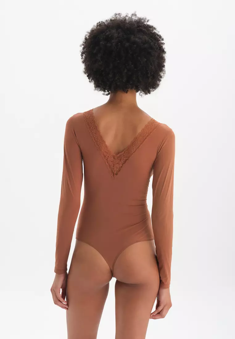 Brown Bodysuits, V-Neck, Regular, Long Sleeve Underwear for Women