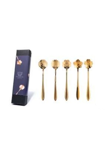 Islandoffer gold Stainless Steel Tableware Creative Flower Coffee Spoon,Spoon for Cake, Dessert  Set of 5, Gold color F8E1DHL793DF5DGS_1