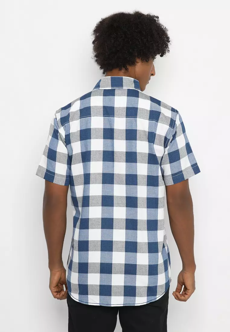 POLICE Kemeja Kotak Cotton Slub Biru Regular Fit Pria