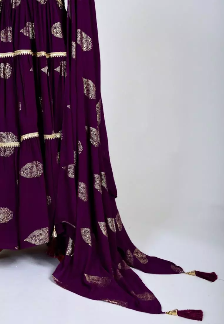 Purple-Wine Foil-Print Georgette Layered Anarkali Kurti & Dupatta