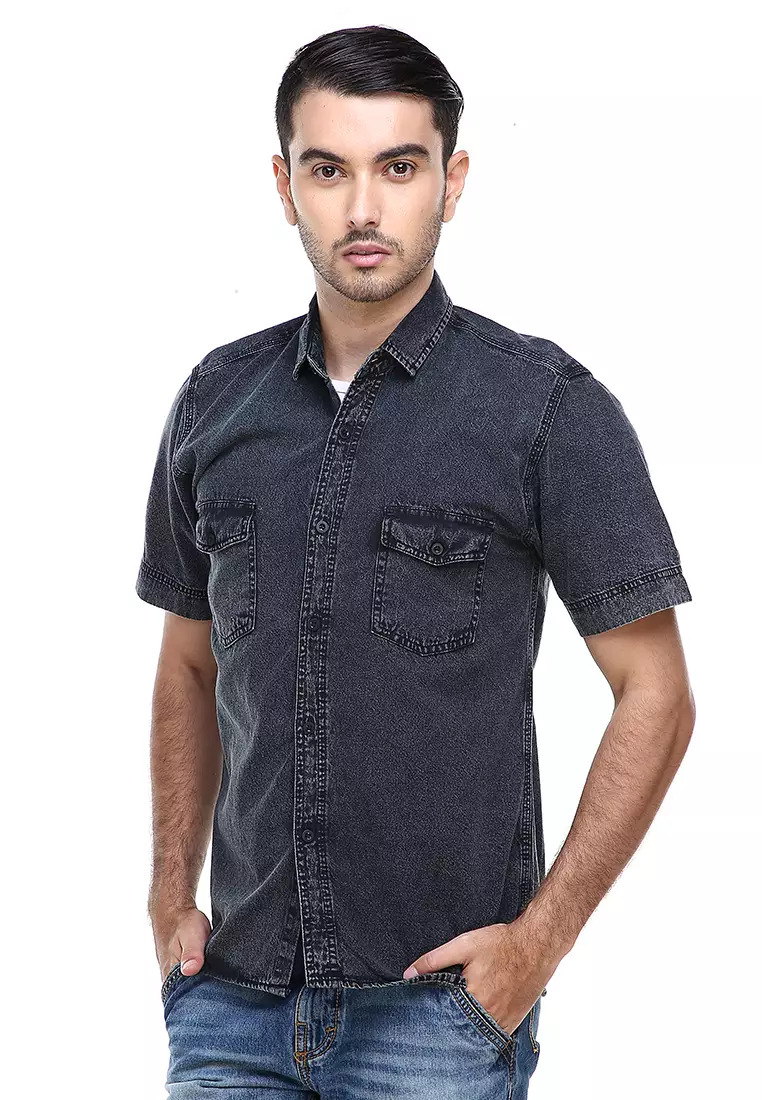 Dwan Casual Shirt Baju Kemeja Jeans Pria Lengan Pendek Material Denim ORIGINAL - Black