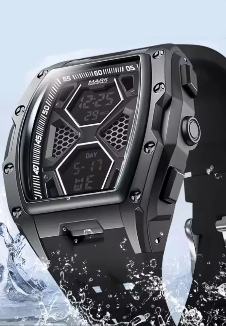 男女通用圓筒形電子表，45毫米，橡膠錶帶