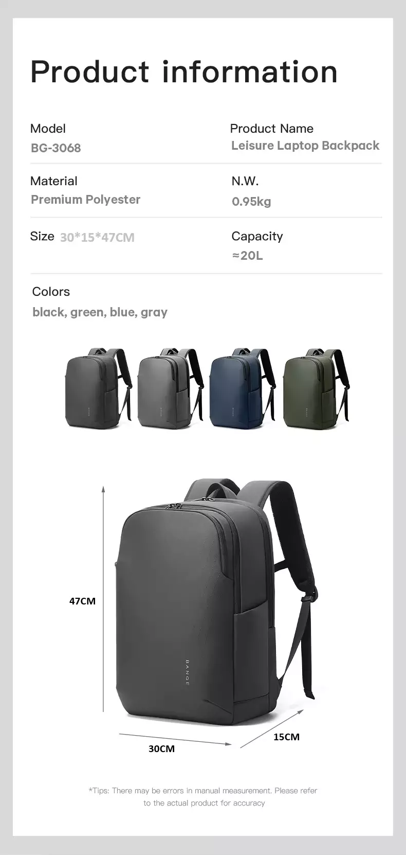 BANGE BG3068 Tas Ransel pria Laptop Kerja Backpack Cowok USB 15.6 Inch- BLACK
