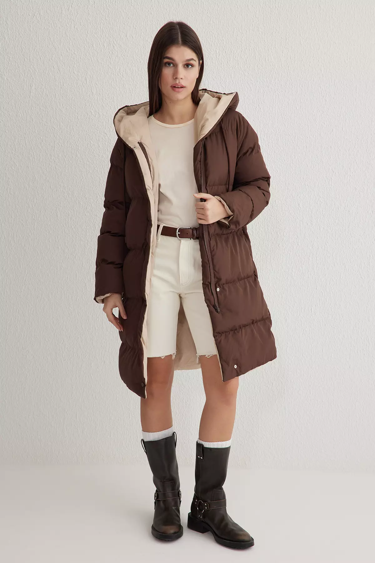 Dark Brown Ecru Double Sided Regular Fit Hooded Water Repellent Long Down Coat