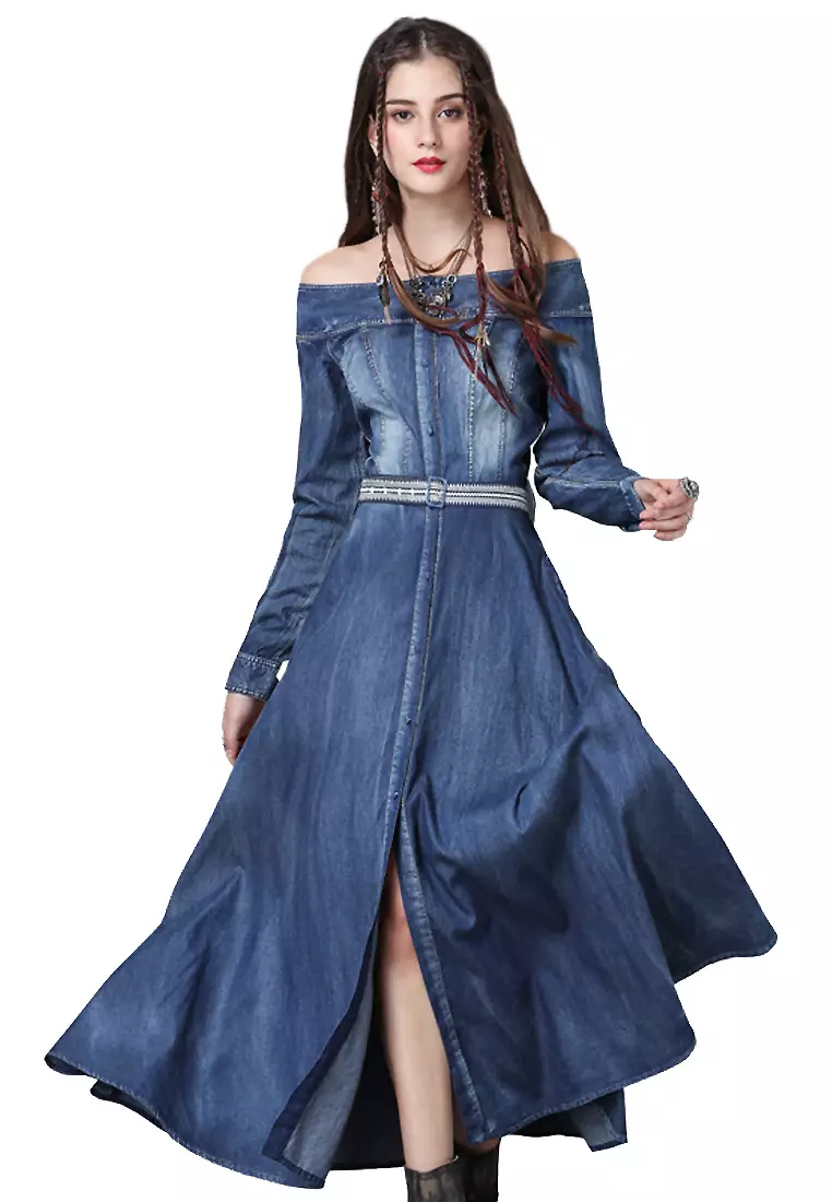 Maxi denim dresses with sleeves cheap