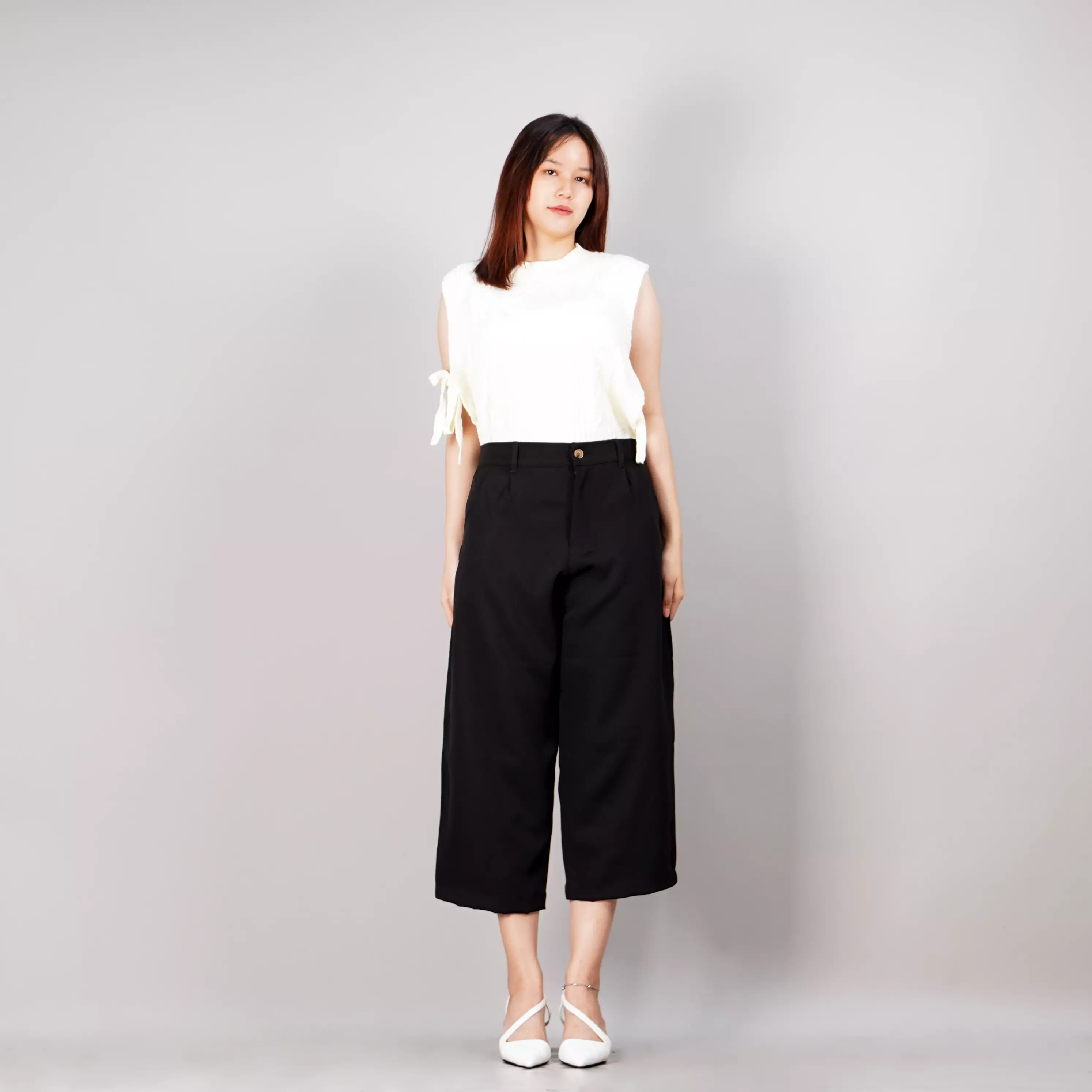 MONICA Celana Cropped Wide Leg Celana Wanita 3/4 Celana High Waist Wide Leg Pants - HITAM